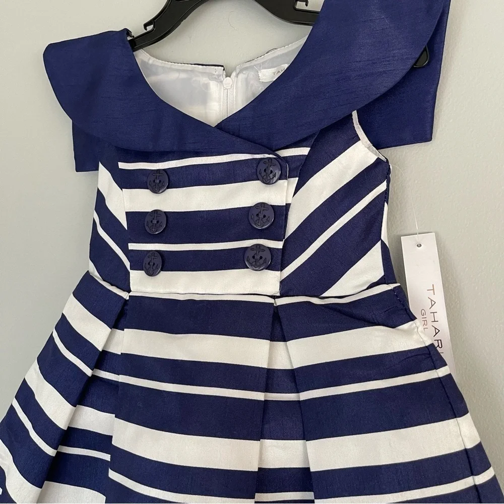 Tahari Nautical Stripe Double Breasted Yoke Dress Size 2T Navy & White